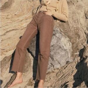 Moussy Vintage Wide Straight Leg Cropped Jeans Brown High Rise Raw Hem - 28